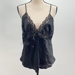Frederick's of Hollywood Vintage Black Satin Bow Lace Trim Cami Lingerie Top